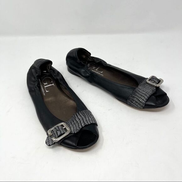 AGL Black Leather Peep Toe Snake Buckle Flats 37.5 - Picture 1 of 4
